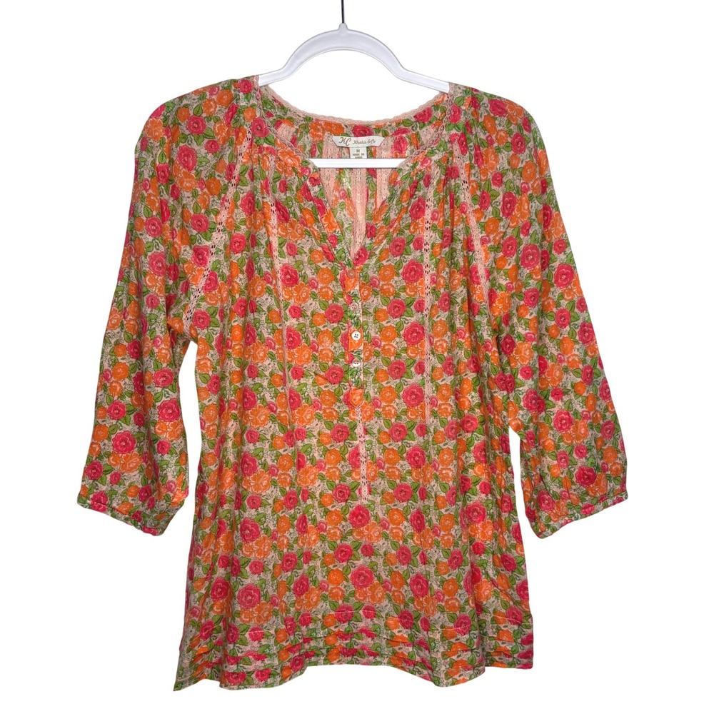 KC Khakis & Co Cottagecore Floral Blouse Pink Orange Rose Boho Lace Tunic Medium